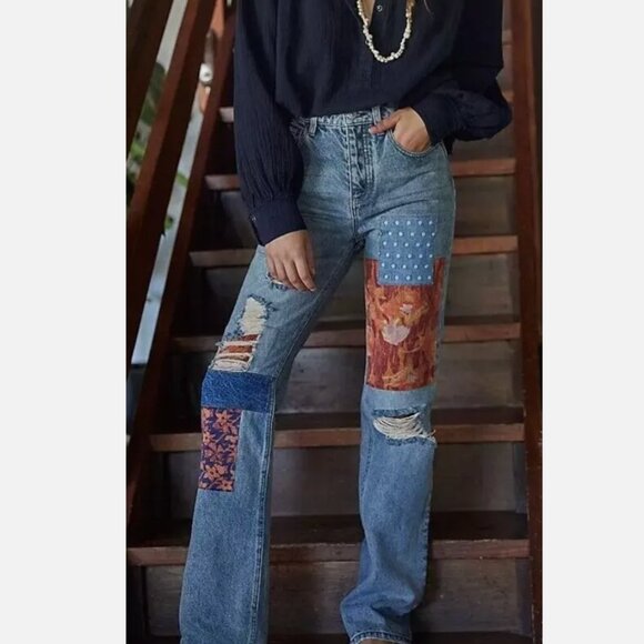 FREE PEOPLE Patchwork Jeans Size 31" We the Free" Balladonna High Rise Bootcut - Picture 2 of 12